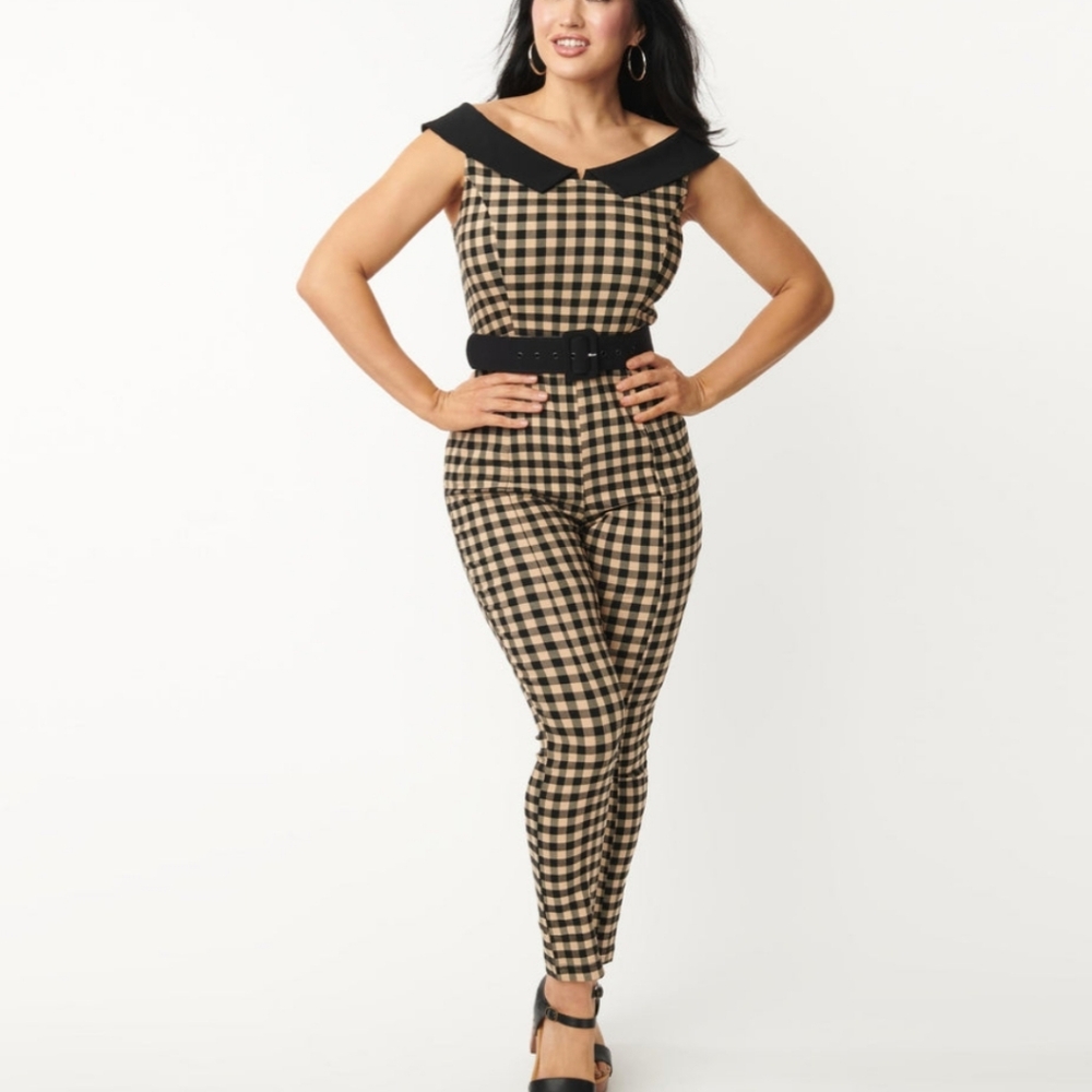 Unique Vintage Black and Tan Gingham Jumpsuit - Picture 5 of 8